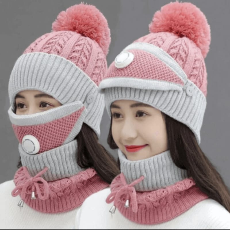 3 in 1 Female Winter Cap with Face Mask & Neck Warmer | Warm Woolen Beanie for Women