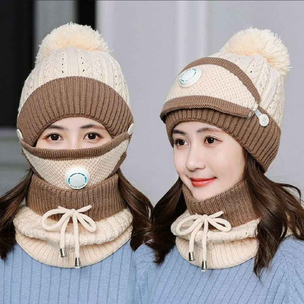 3 in 1 Female Winter Cap with Face Mask & Neck Warmer | Warm Woolen Beanie for Women