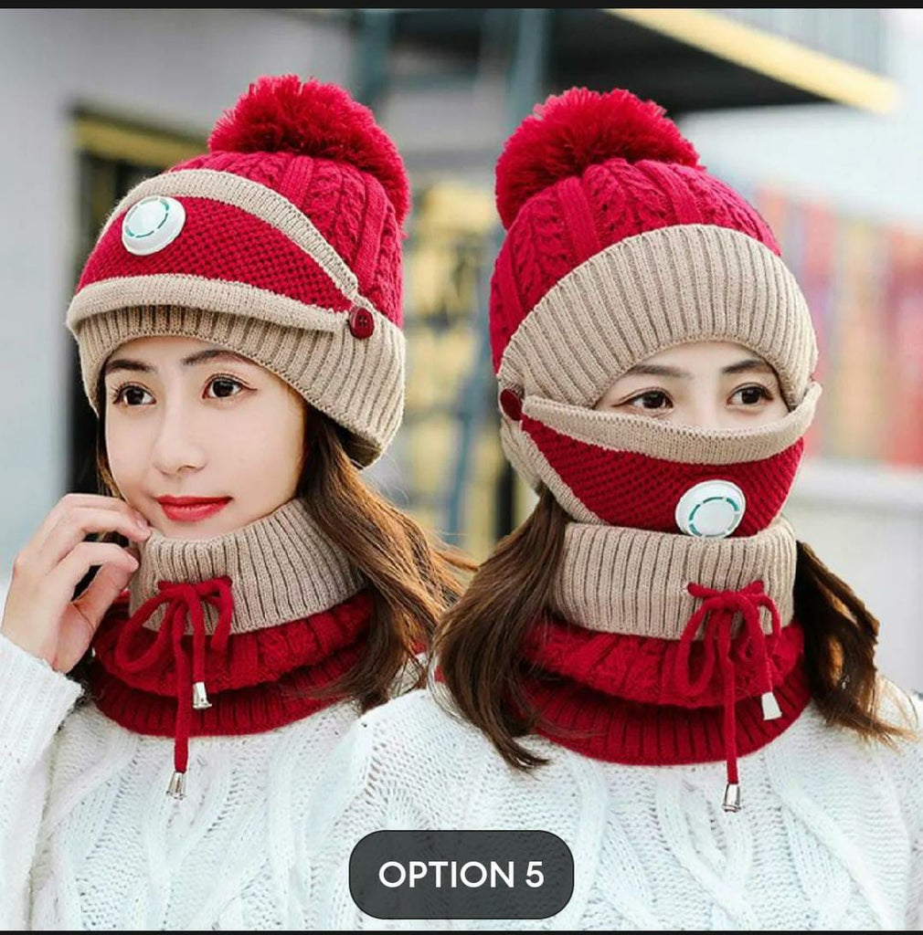3 in 1 Female Winter Cap with Face Mask & Neck Warmer | Warm Woolen Beanie for Women