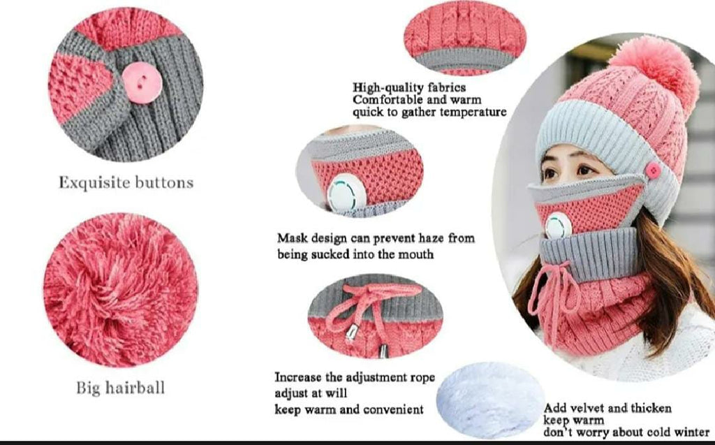 3 in 1 Female Winter Cap with Face Mask & Neck Warmer | Warm Woolen Beanie for Women