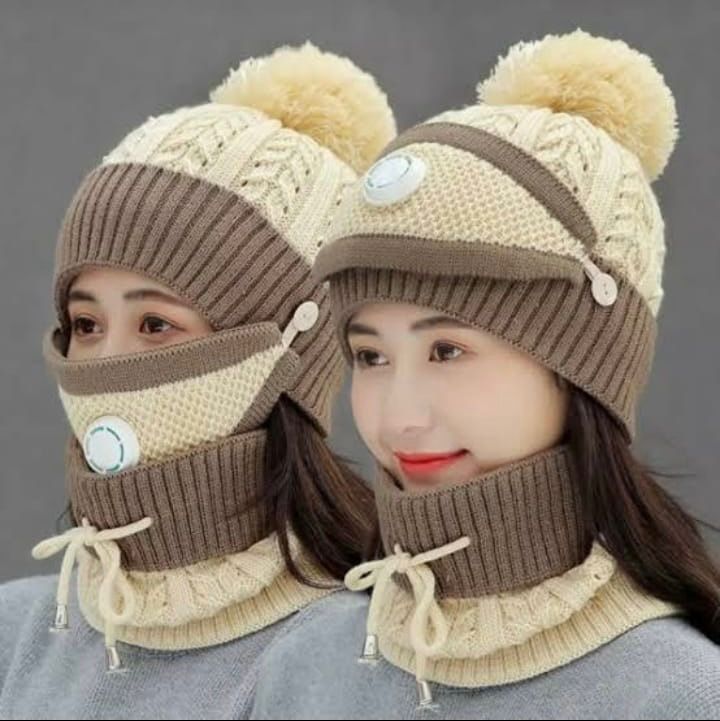 3 in 1 Female Winter Cap with Face Mask & Neck Warmer | Warm Woolen Beanie for Women