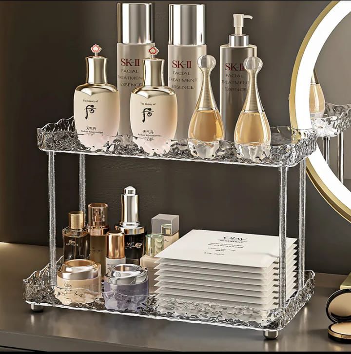 2 Layer Acrylic Multi-Function Storage Rack – Double Tier Standing Organizer for Cosmetics, Bottles, Jars, Bathroom & Kitchen Tools